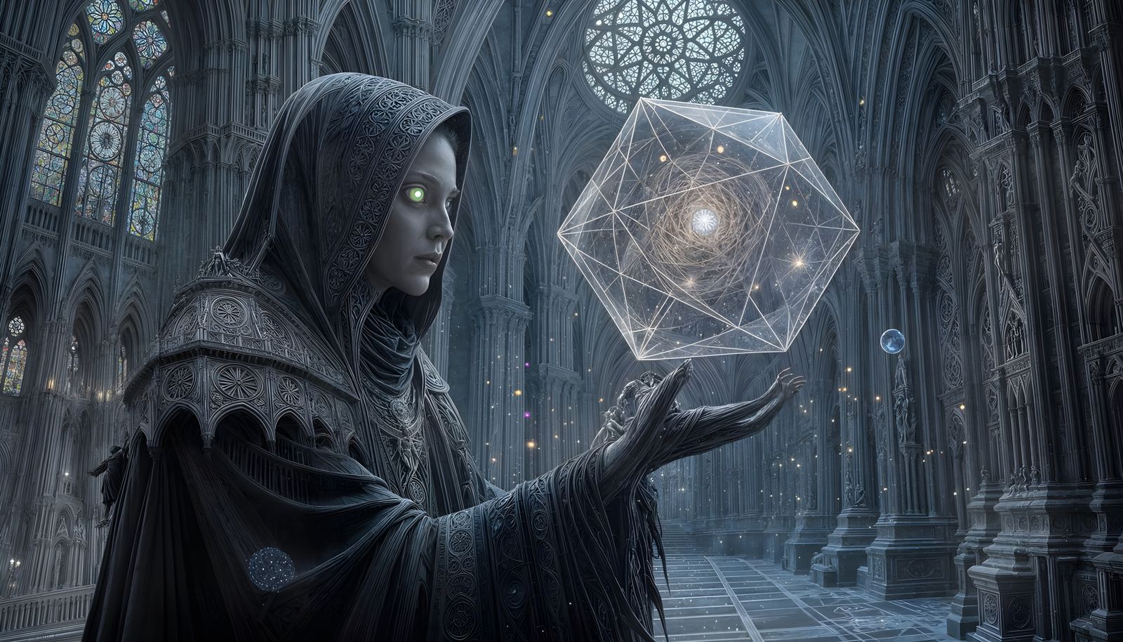 Surreal Gothic Cathedral with Galactic Dodecahedron