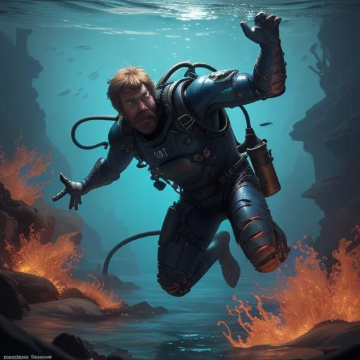 "A highly realistic and humorous digital artwork of Chuck Norris grilling underwater, rendered in 8K resolution. Chuck N...