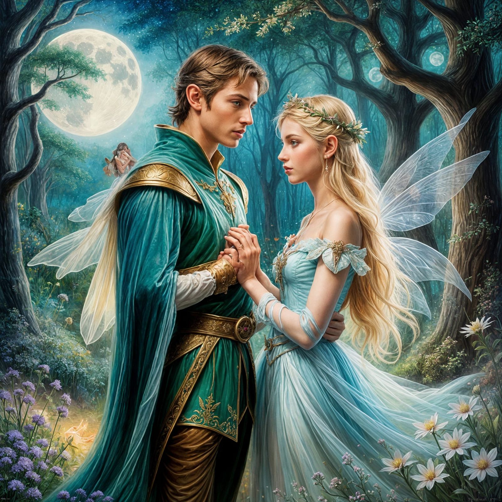 Elf Prince and Fairy Princess in Oil Painting