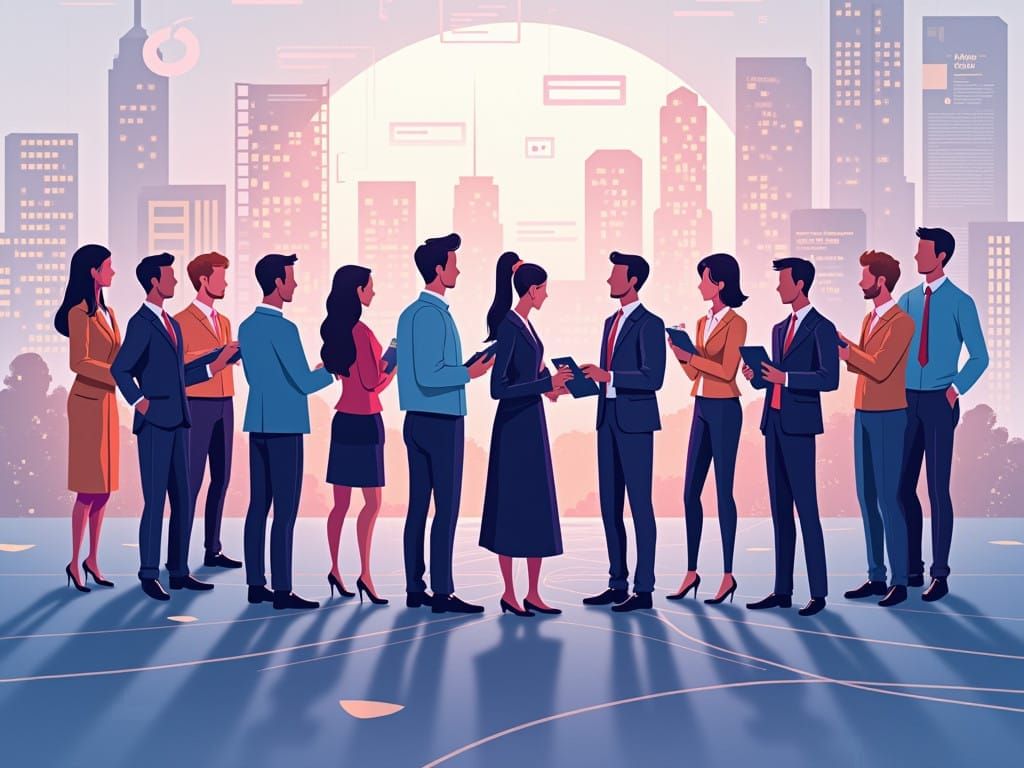 Modern Web Design Team Collaborates in Futuristic Cityscape