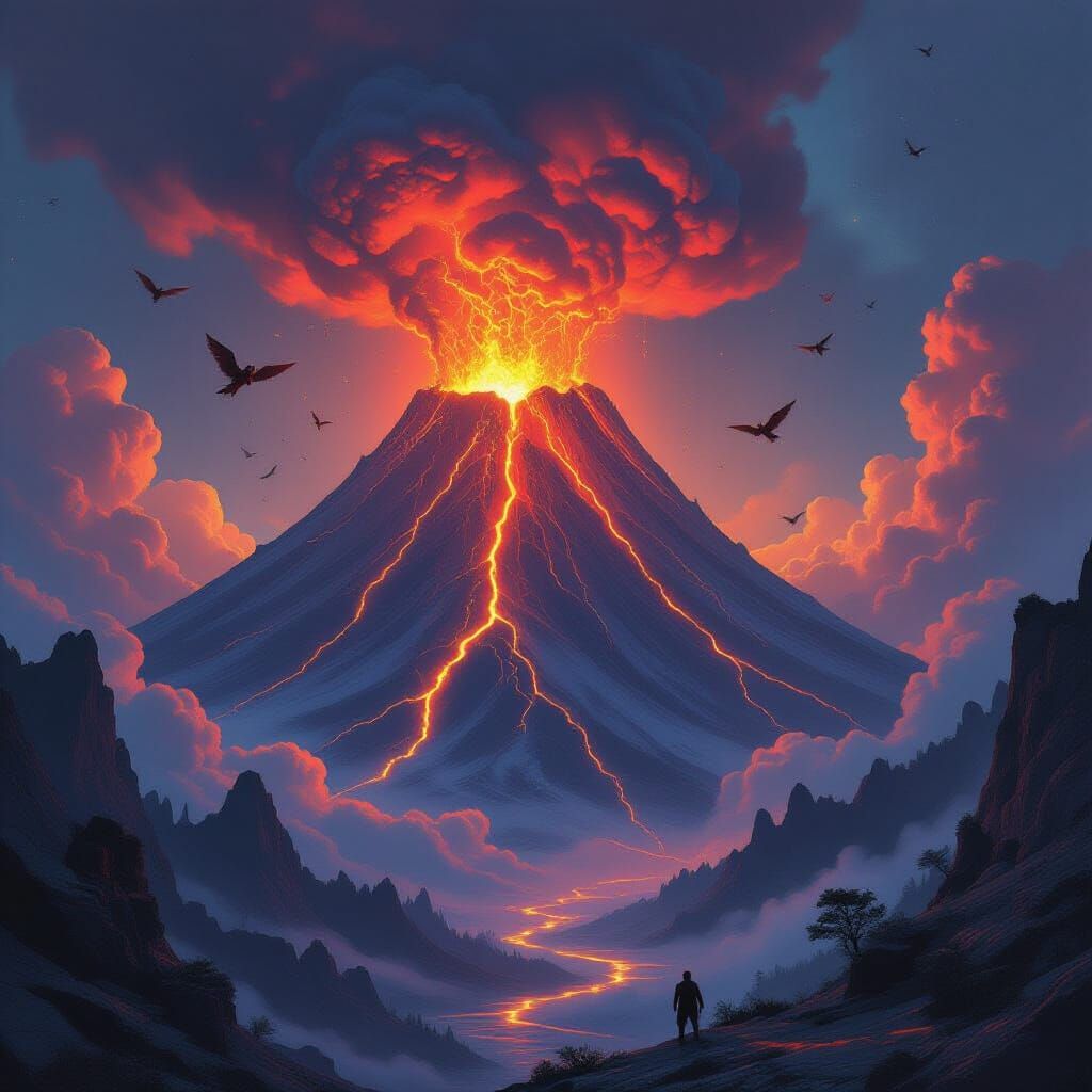 Fantasy Volcano Eruption in Dramatic Digital Painting Style
