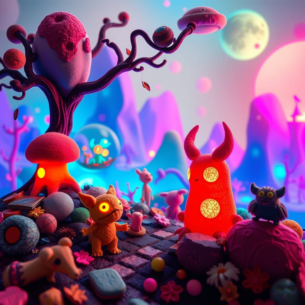 Neon Landscape with Clay Creatures in Dreamlike Style