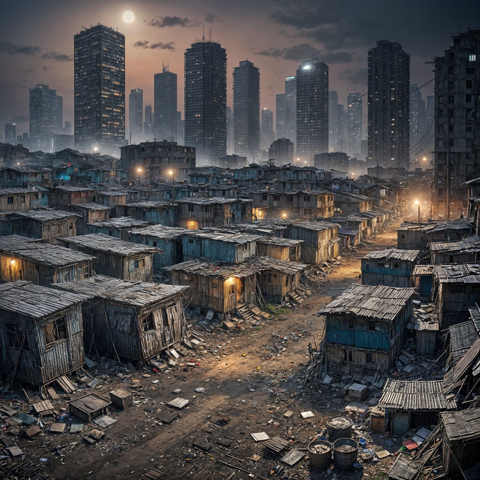Night Slum Juxtaposed with Bright Skyscrapers