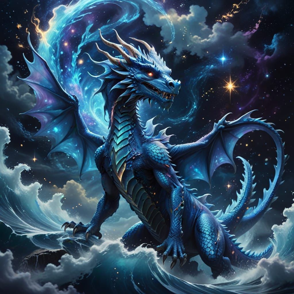 Ethereal Blue Dragon in Vibrant Cosmic Dance