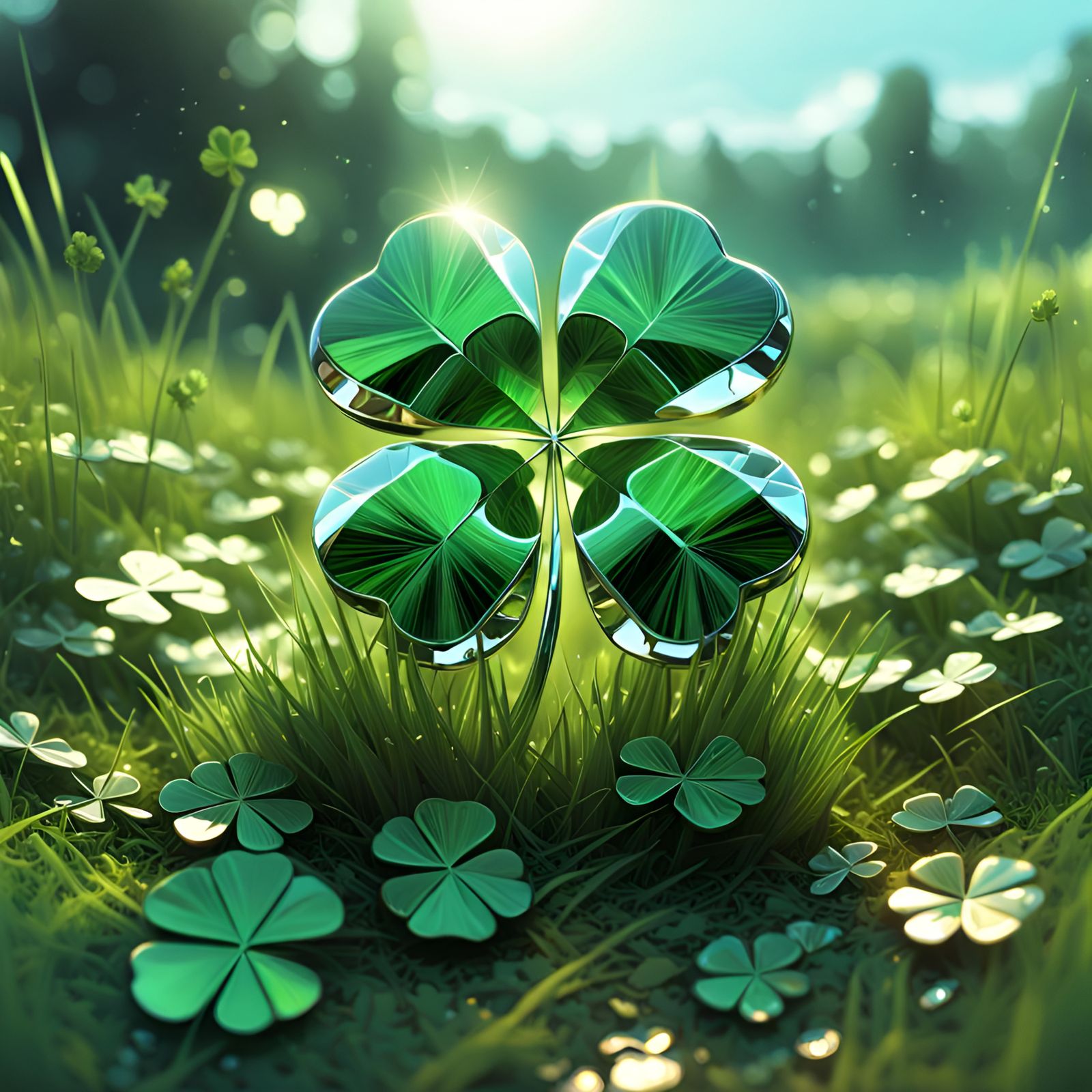Metallic Clover in Field, Digital Art Style