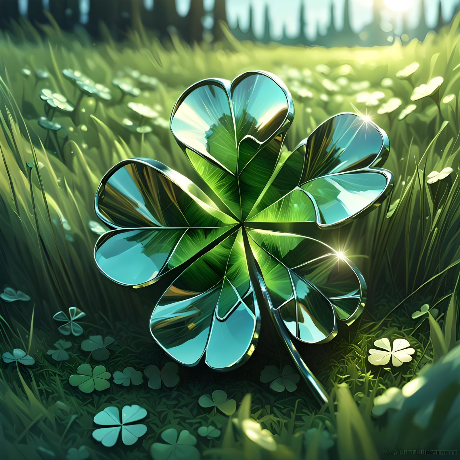 Metallic Clover in Grassy Field: Digital Art