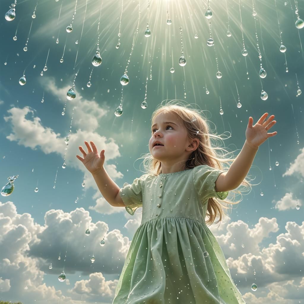 Girl Catching Fractal Water Drops in Pastel Colors