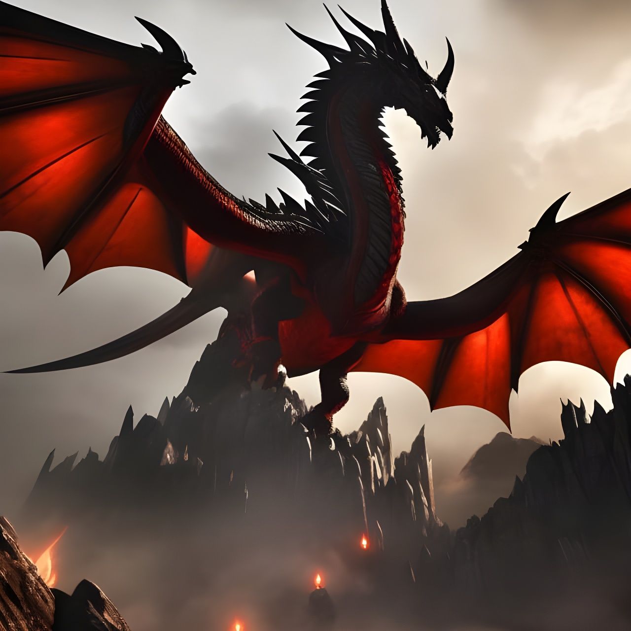 Epic Red and Black Dragon on Stone Throne