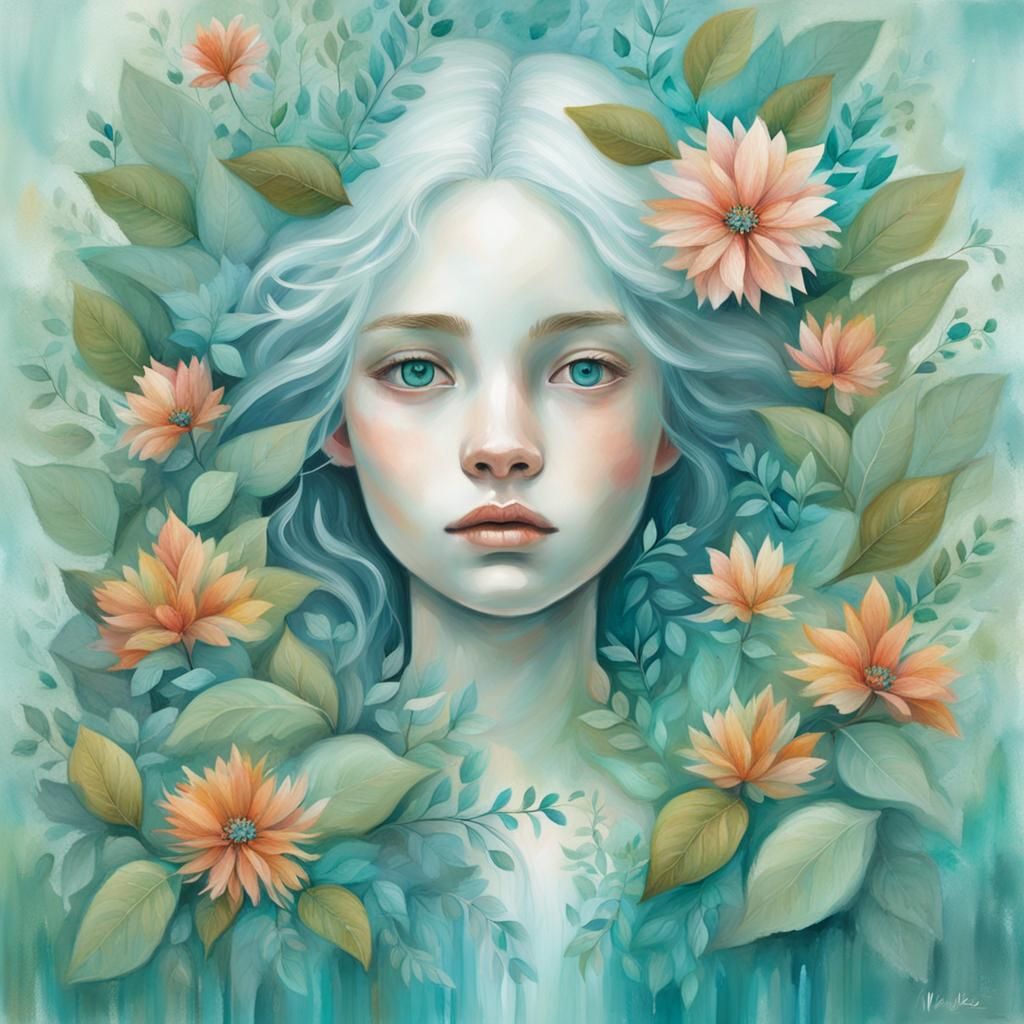 Center, Half Body,Gouache paint painting of a girl's face with white skin, turquoise blue eyes, flowery hair and body co...