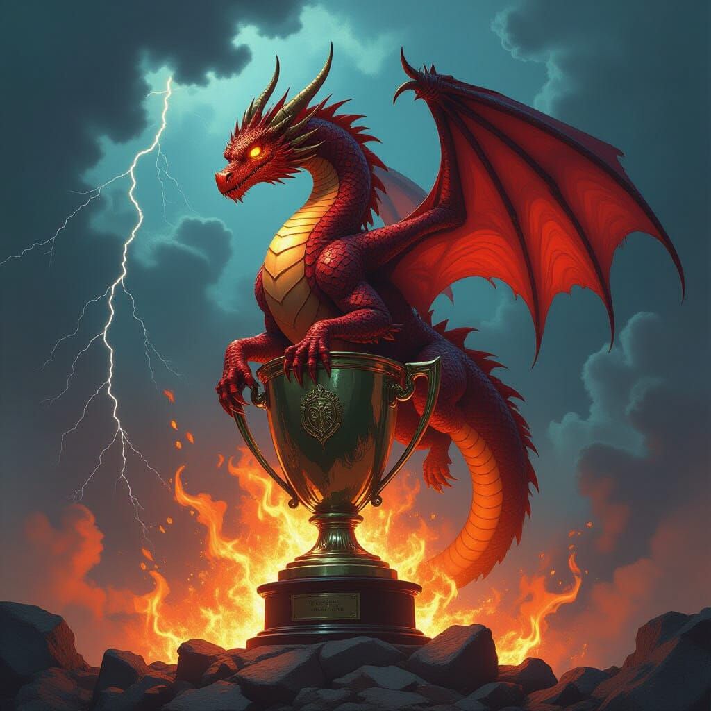 Ancient Red Dragon on Football Trophy in Fiery Fantasy Art