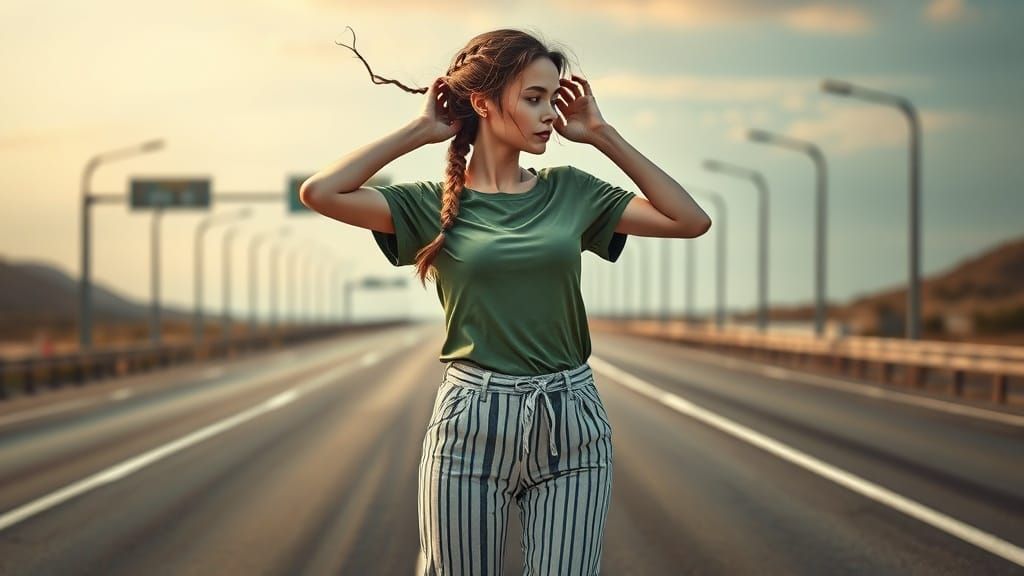 Woman on Abandoned Highway, Hyperrealistic Splash Art