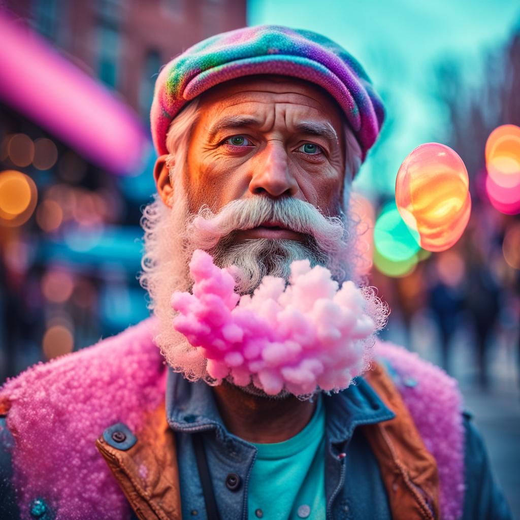 Man with Cotton Candy Beard in Macro Photography