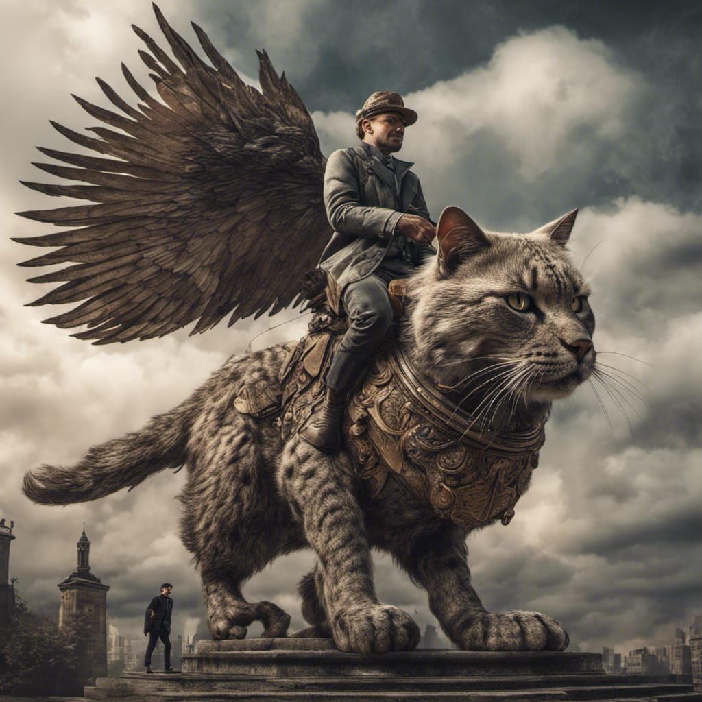 Winged Cat and Rider in Hyperrealistic Style