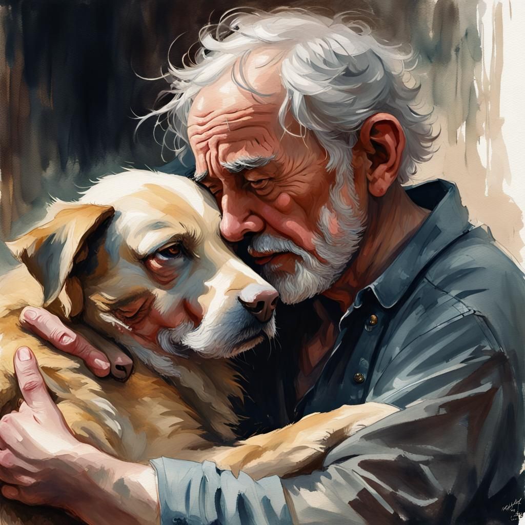 Melancholy Portrait of Man and Dog in Gouache Style