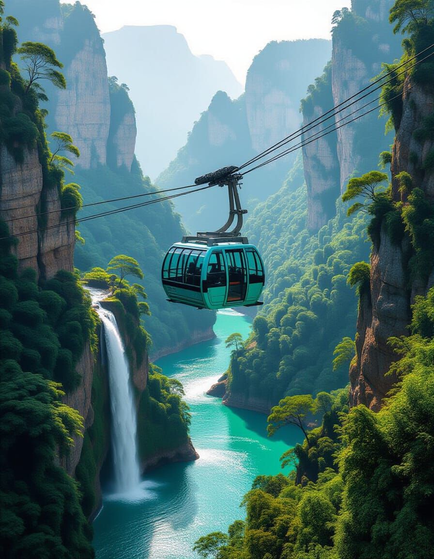 Turquoise Gondola Glides Over Jagged Cliffs and Waterfalls