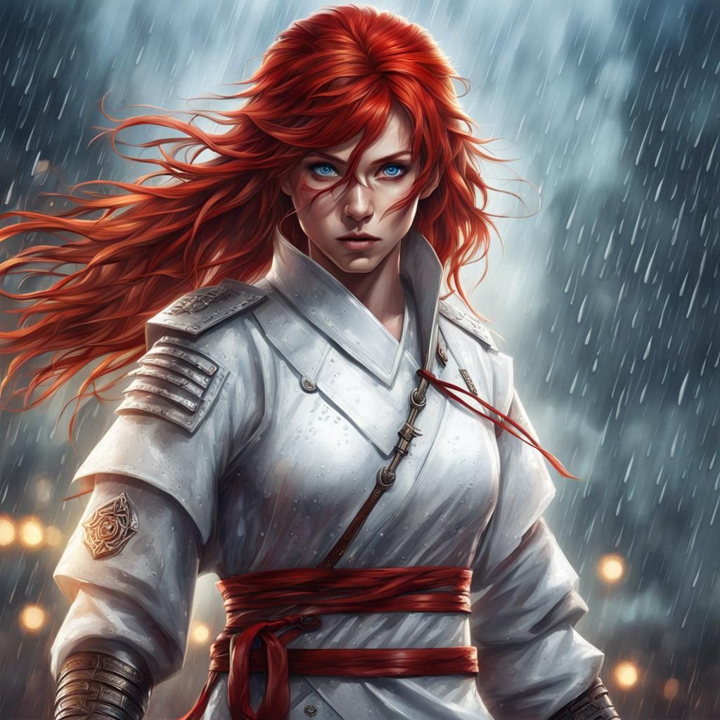 Red-Haired Ninja Woman in Rain, Cinematic Lighting