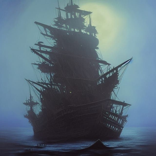 Eerie Ghost Ship Painting in Fire Style