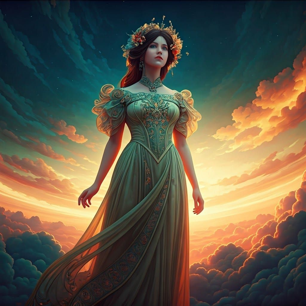 Art Nouveau Woman at Dreamlike Sky Edge