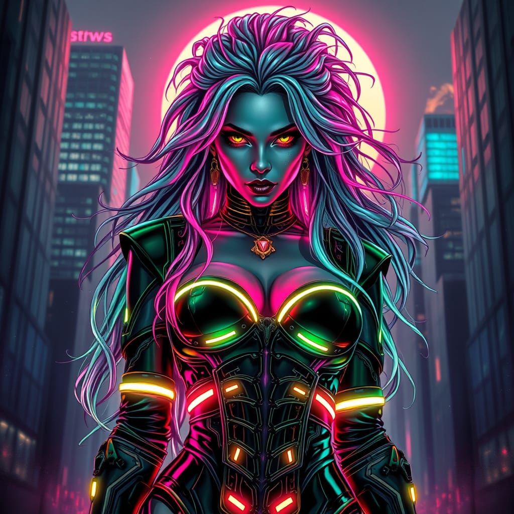 Cyberpunk Goddess in Futuristic, High-Contrast Ink Art