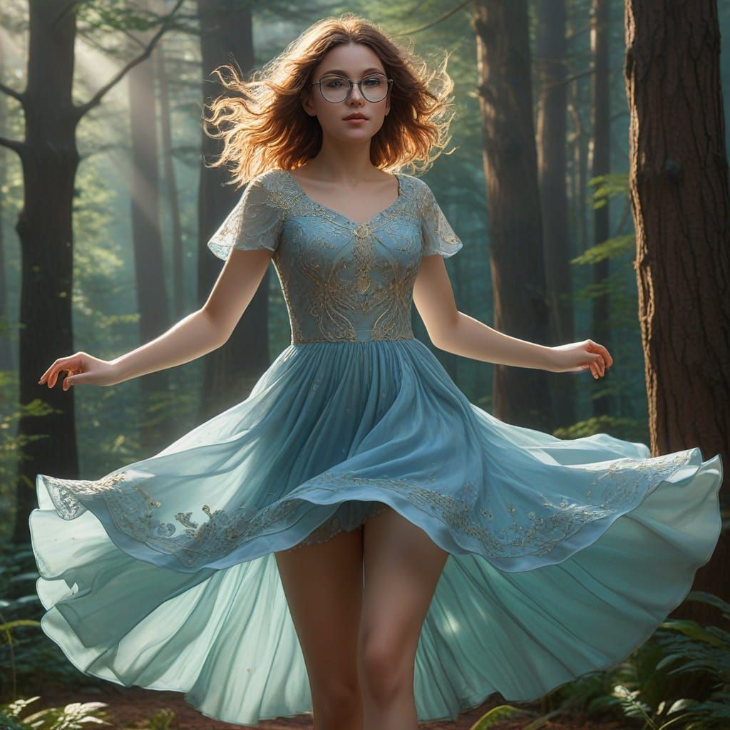 Whimsical Concept Art: Girl Dancing in Ethereal Forest
