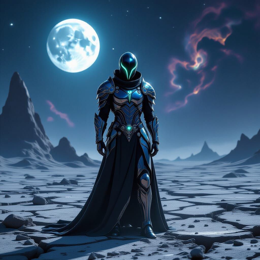 Avant-Garde Warrior on Alien Planet Under Twin Moons