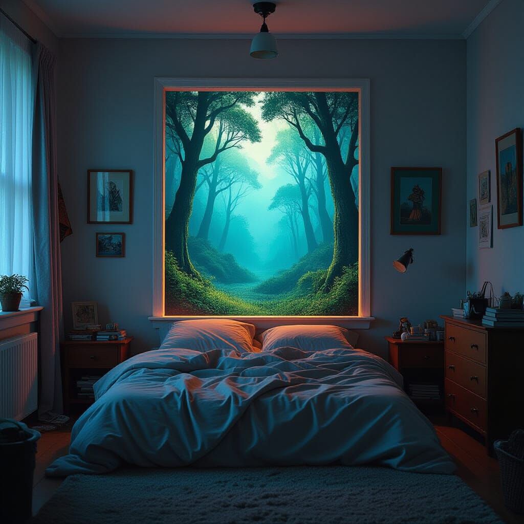Mythical Forest Portal in a Messy Bedroom, Cinematic Lightin...