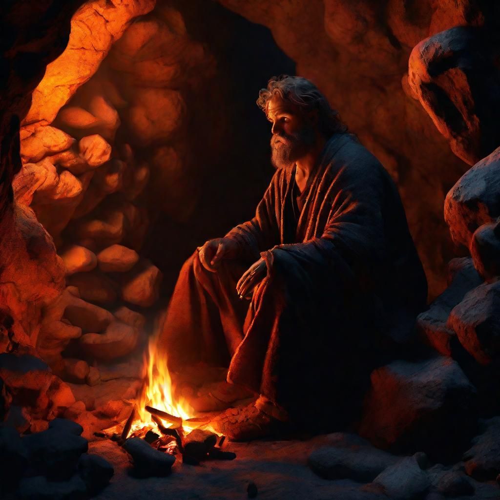 Stone Age Human in Cave, Baroque Romanticism Style