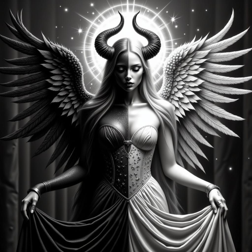 Angel-Demon Hybrid in Fiery Harmony