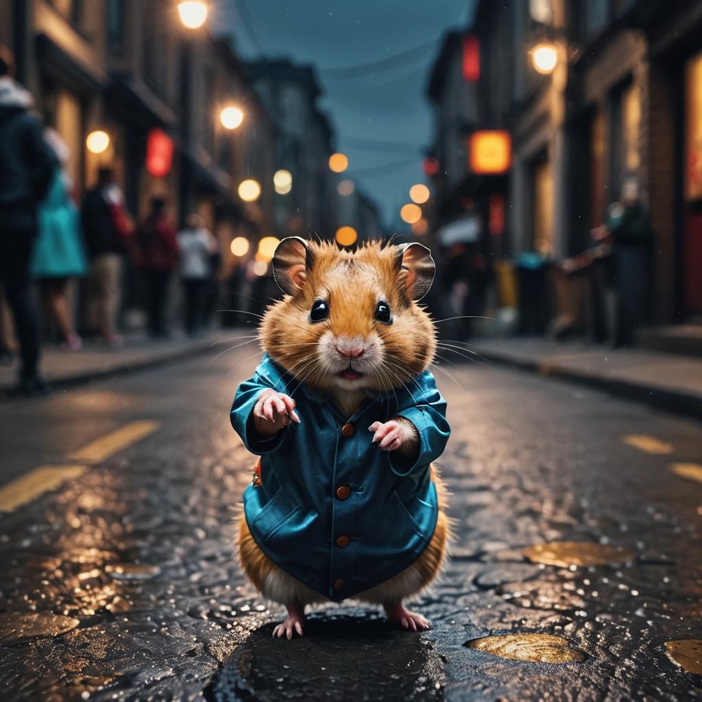 Hamster Dancer in Human Clothes: Surreal Macro Portrait