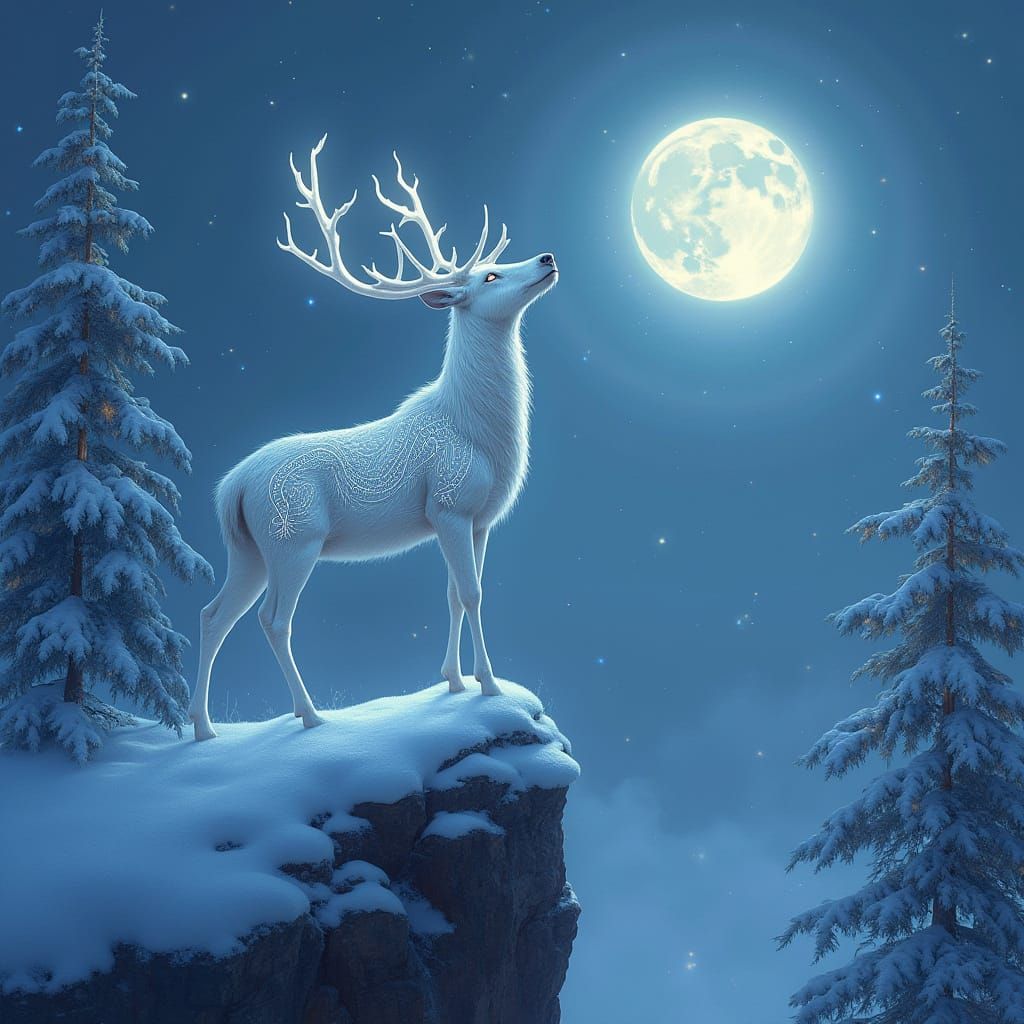 Majestic Snow Deer Howling in Art Nouveau Style