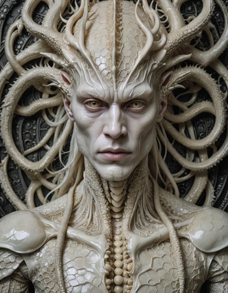 Fierce Albino Dragon Man Portrait in Psychedelic Style