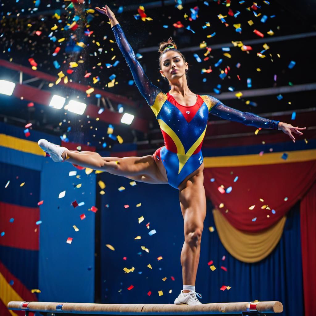 Gymnast on Balance Beam in 1980s Style