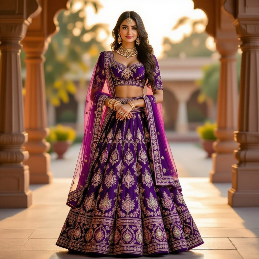 Indian Woman in Embroidered Lehenga in Warm Afternoon Light