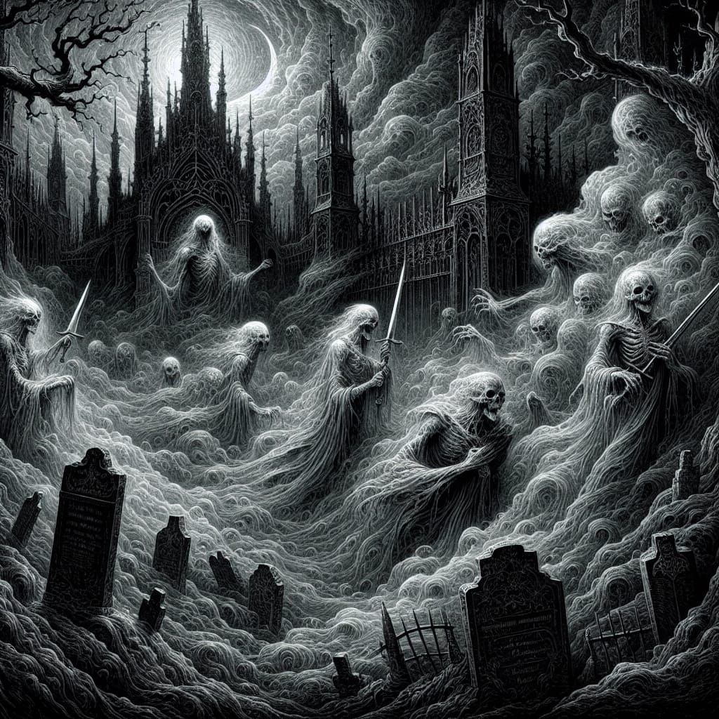 Eerie Graveyard with Ghosts in Gustave Doré Style