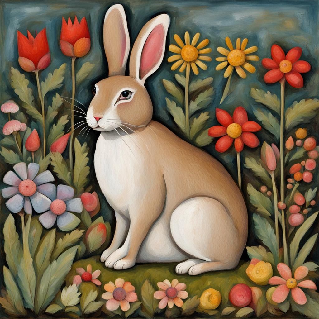 Rabbit in Garden Folk Art Illustration