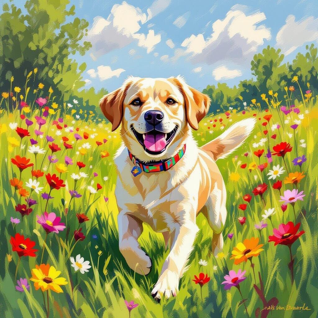 Labrador Retriever Playing Fetch in Impressionist Meadow