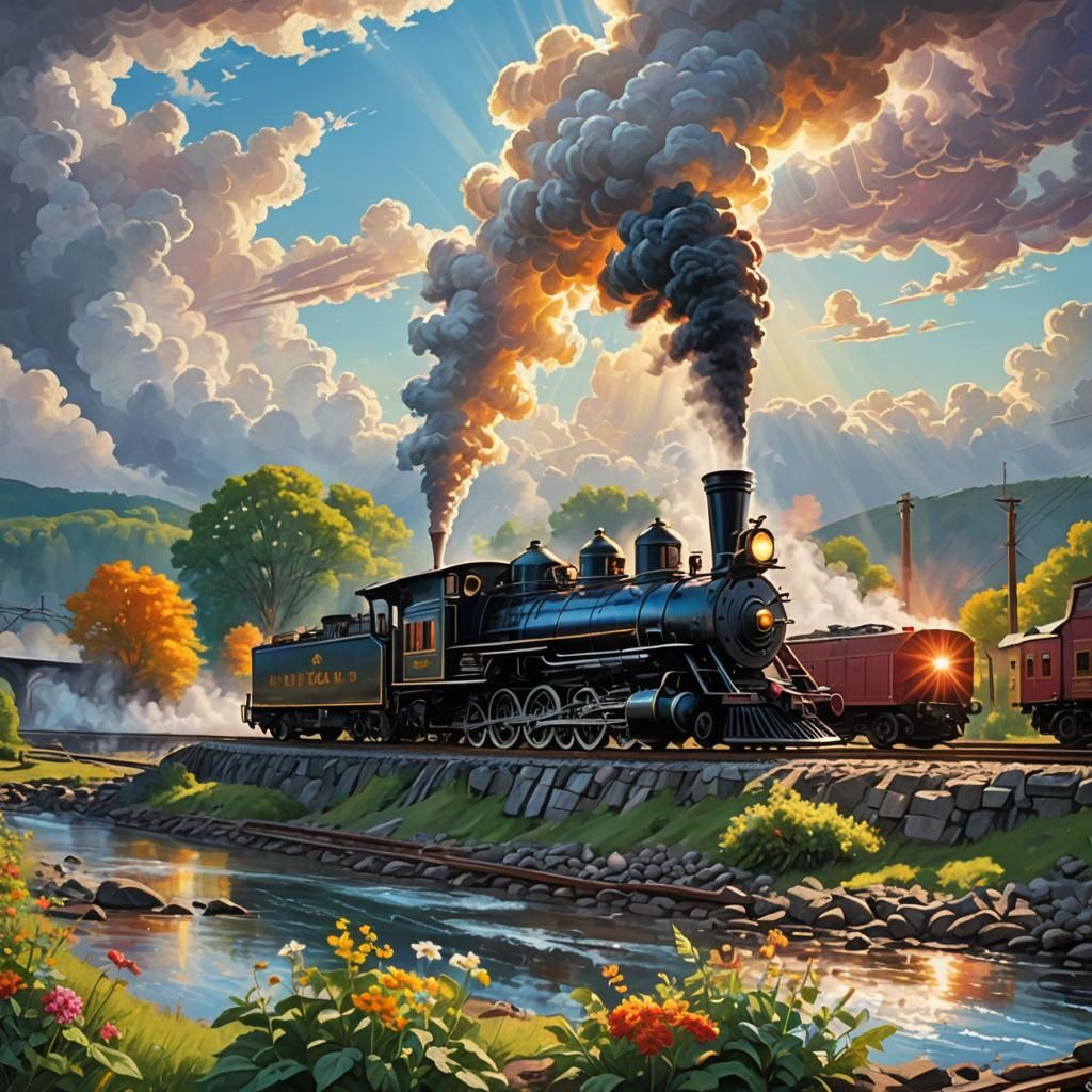 Colorful Folk Art Steam Train by River