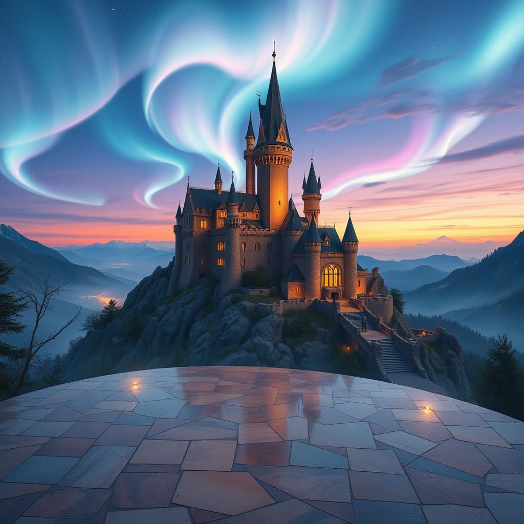 Majestic Fantasy Castle Amidst Serene Landscape with Dancing...