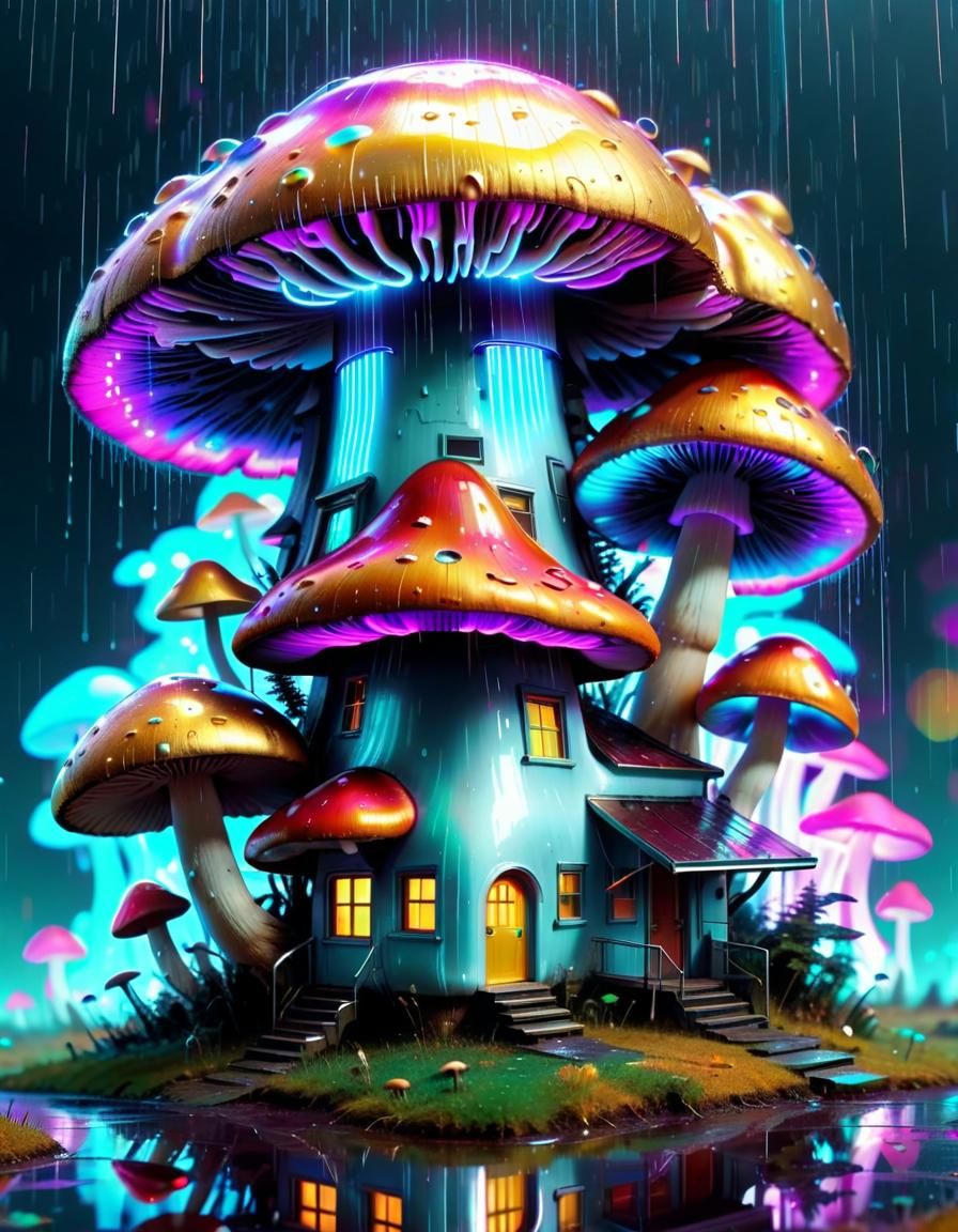 Cyberpunk Mushroom House with Holographic Double Exposure