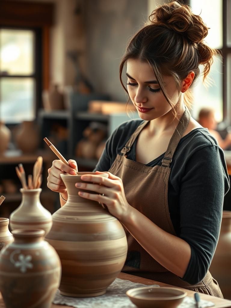 Female Potter Painting Clay Vase in Workshop