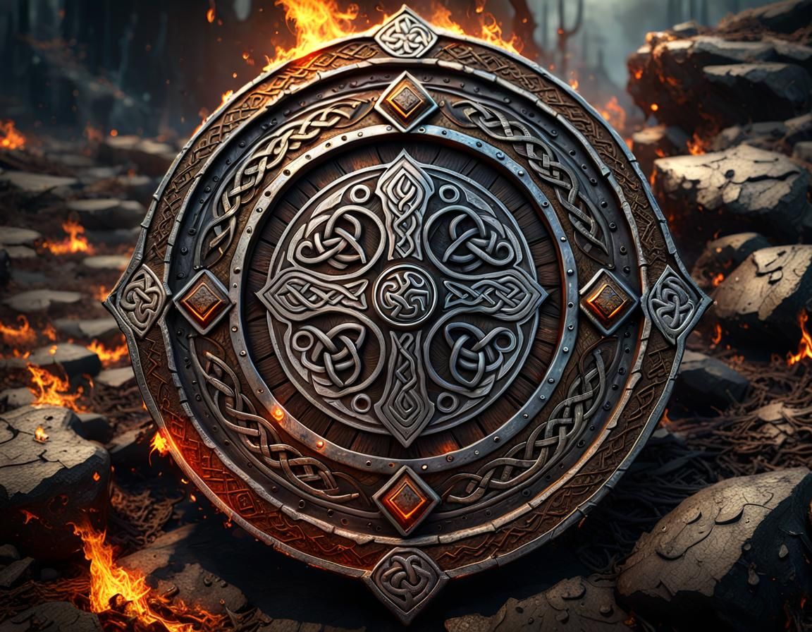 Intricate Dark Fantasy Celtic Shield with Magic Glyphs