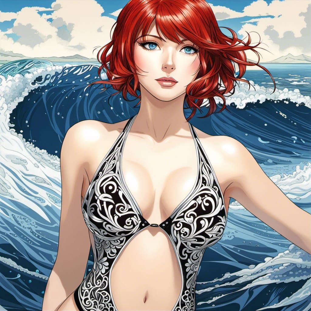 Anime Woman with Red Hair Swimming in Ocean
