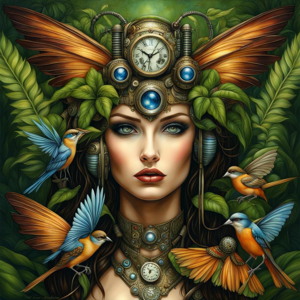 Steampunk Cyborg Fairy in Surreal Jungle