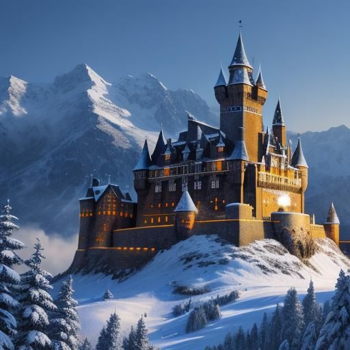 Snowy Mountain Castle in Hyperrealistic Splash Art