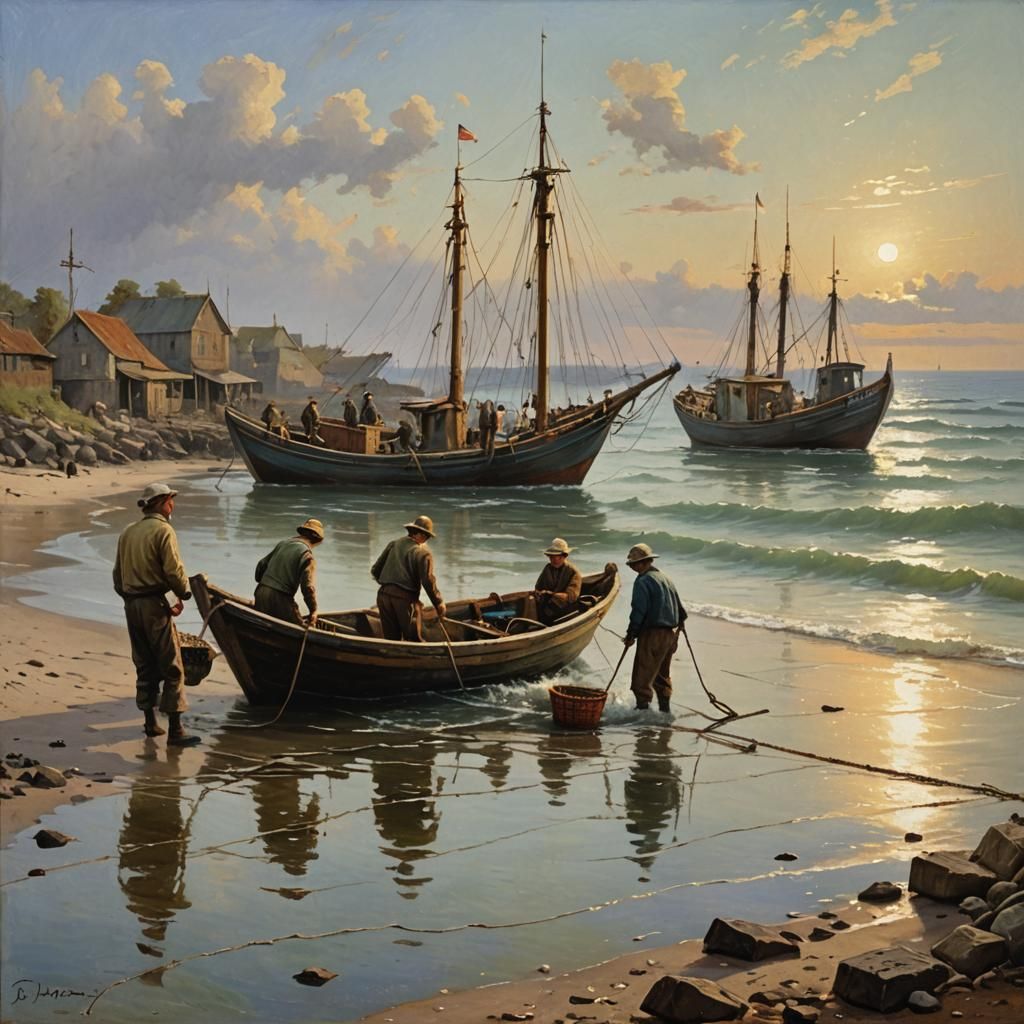 Fishermen Setting Nets: An Oil Painting
