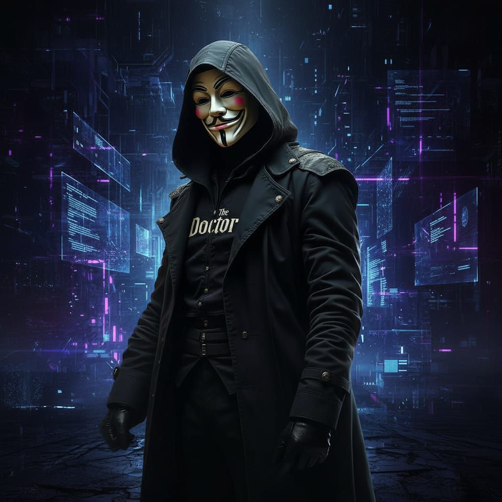 Hooded Assassin with Guy Fawkes Mask in Cyberscape