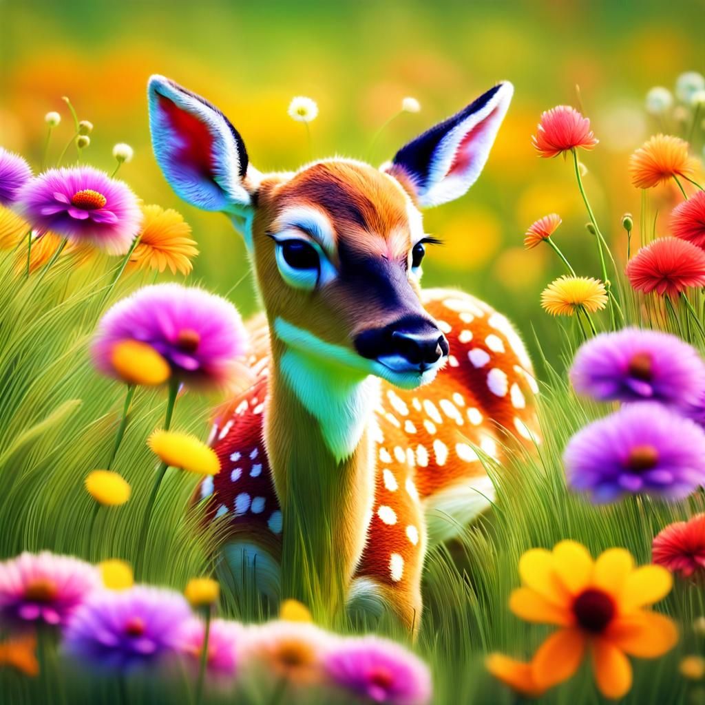 Fawn in Flower Field: Macro Nature Photography