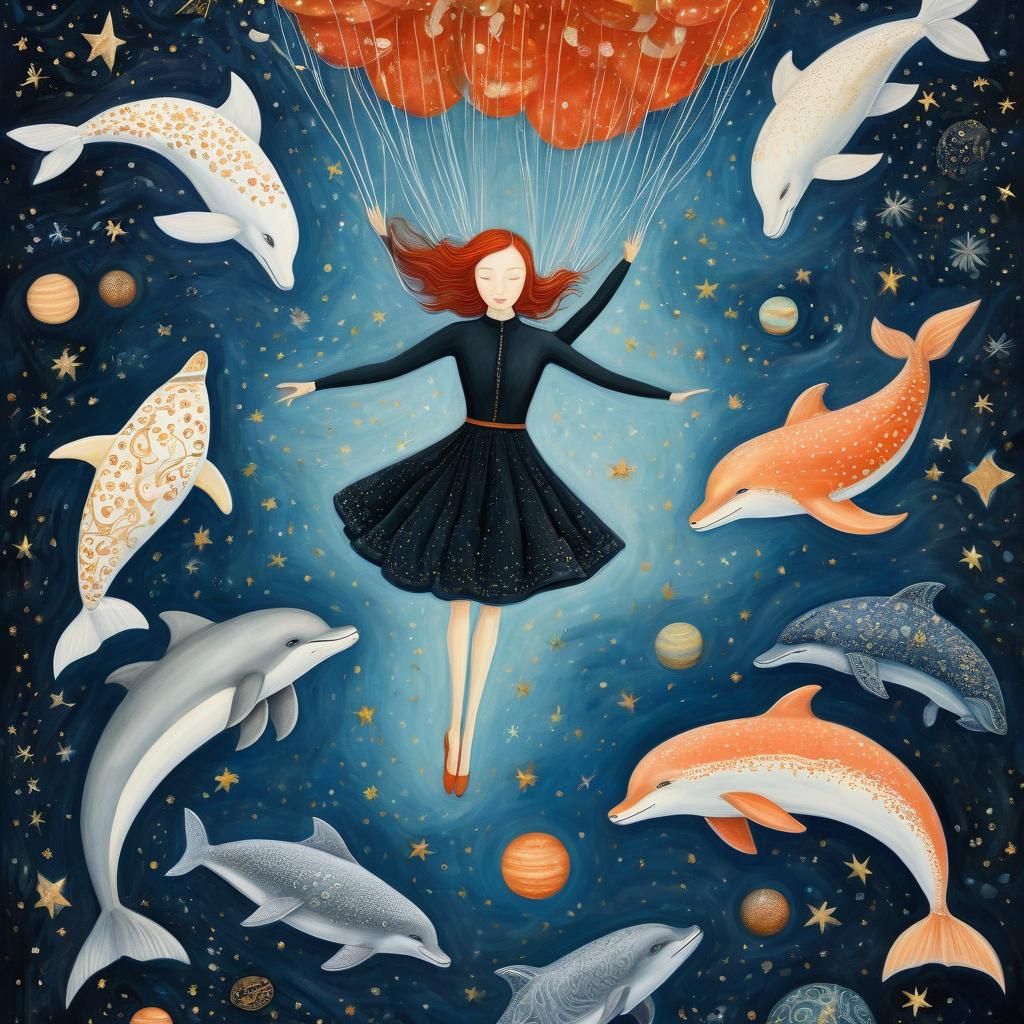 Celestial Dreams: Girl Skydiving Through Galaxy with Unicorn