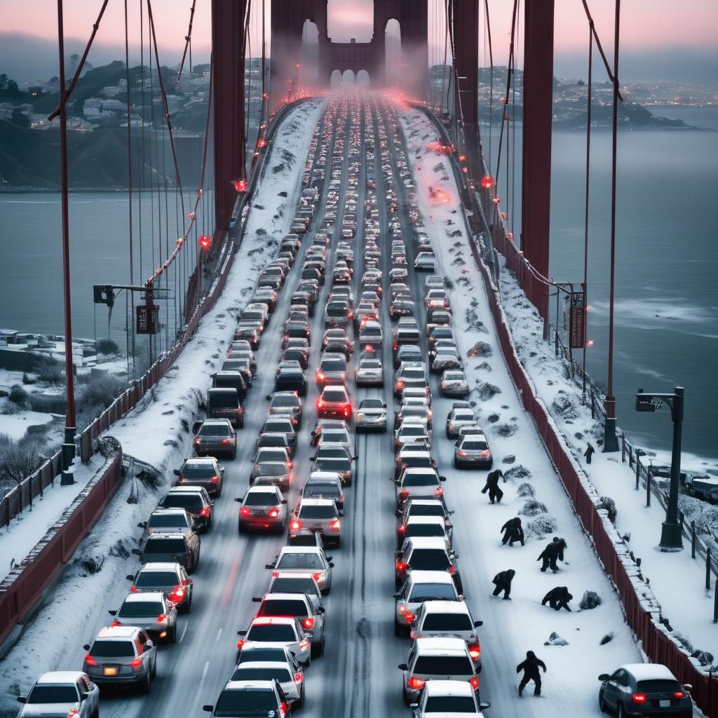 Zombies Stumble Across Golden Gate Bridge in a Winter Sunset