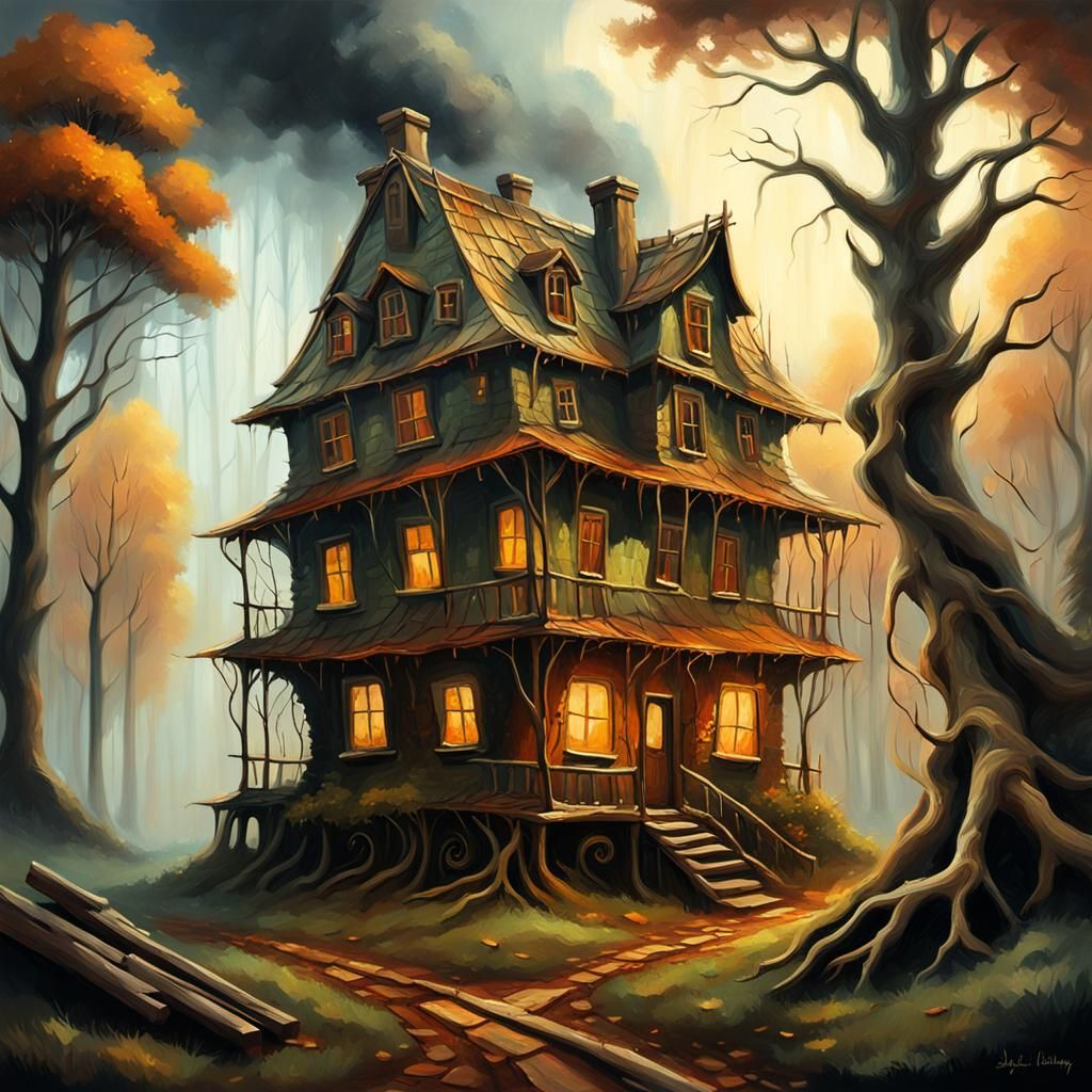 Spooky Forest House: Impressionistic Oil Painting